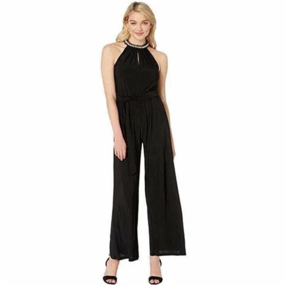 Betsey Johnson Jumpsuit Black Wide Leg Pearl Neckline Tie Back Size 14
